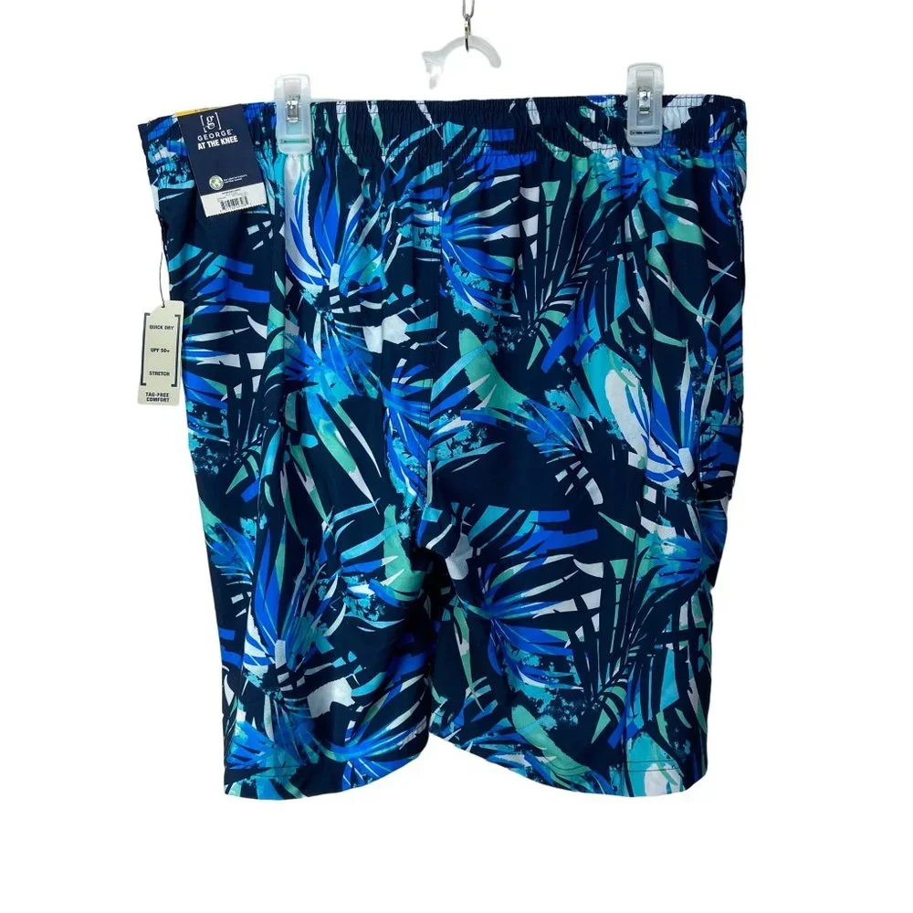George Mens Swim Quick Dry SPF 50 At The Knees Trunks Blue Palm Leaves New Pocke